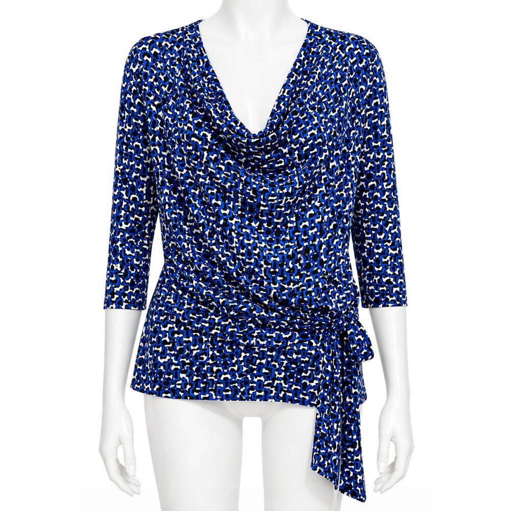 Laundry by Shelli Segal Blouse XL Blue Black White Geometric Pint Drape Neck